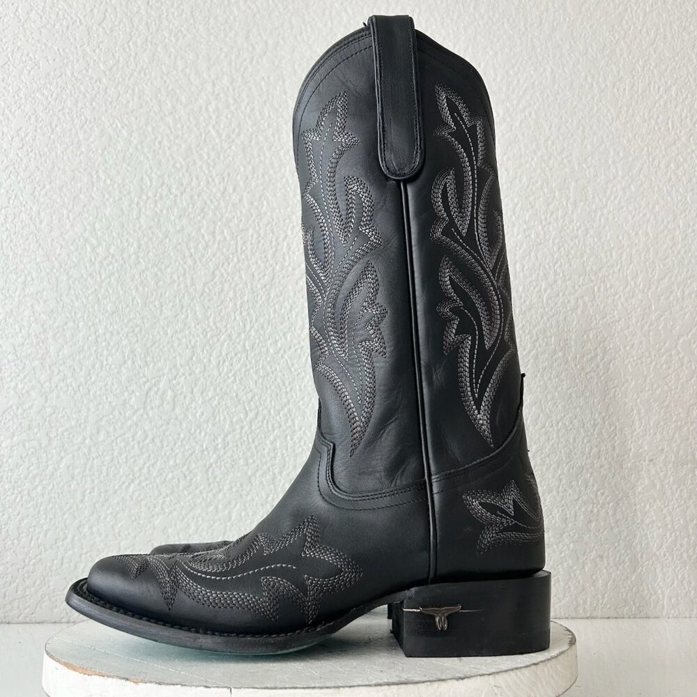 Lane Saratoga Womens Square Toe Cowboy Boots Sz 7 Black Leather Western Mid Calf - Picture 2 of 11